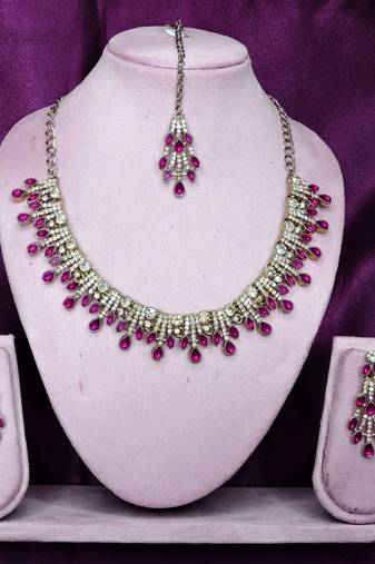 Pink yellow gold premium designer american diamond and stone work necklace set