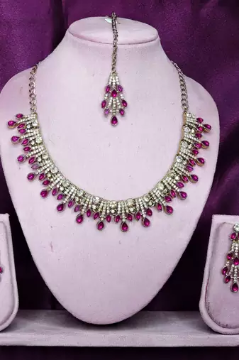 Pink yellow gold premium designer american diamond and stone work necklace set
