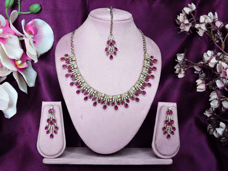 Pink yellow gold premium designer american diamond and stone work necklace set