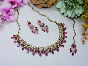 Pink yellow gold premium designer american diamond and stone work necklace set 2