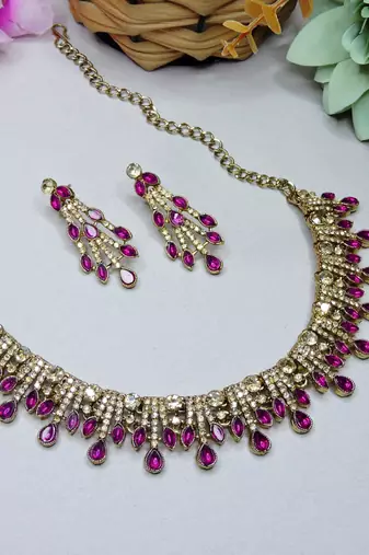 Pink yellow gold premium designer american diamond and stone work necklace set