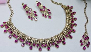 Pink yellow gold premium designer american diamond and stone work necklace set 3