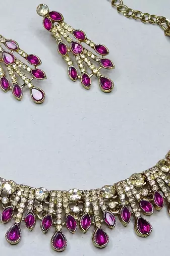 Pink yellow gold premium designer american diamond and stone work necklace set