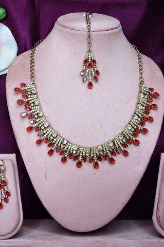 Red yellow gold premium designer american diamond and stone work necklace set