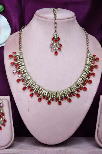 Red yellow gold premium designer american diamond and stone work necklace set
