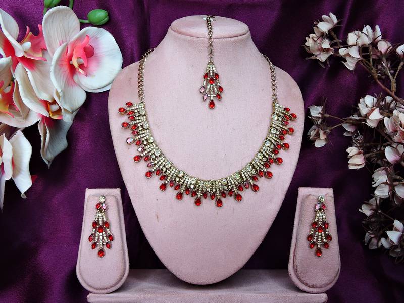 Red yellow gold premium designer american diamond and stone work necklace set