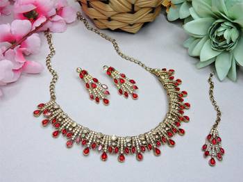 Red yellow gold premium designer american diamond and stone work necklace set 2
