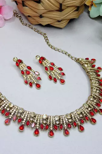 Red yellow gold premium designer american diamond and stone work necklace set