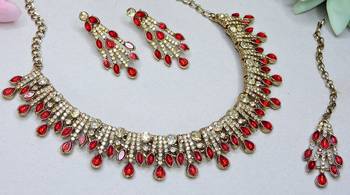 Red yellow gold premium designer american diamond and stone work necklace set 3