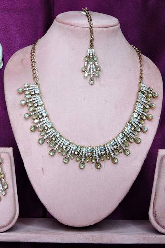 White yellow gold premium designer american diamond and stone work necklace set