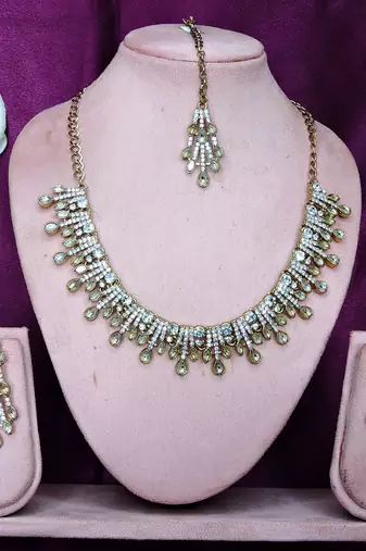 White yellow gold premium designer american diamond and stone work necklace set