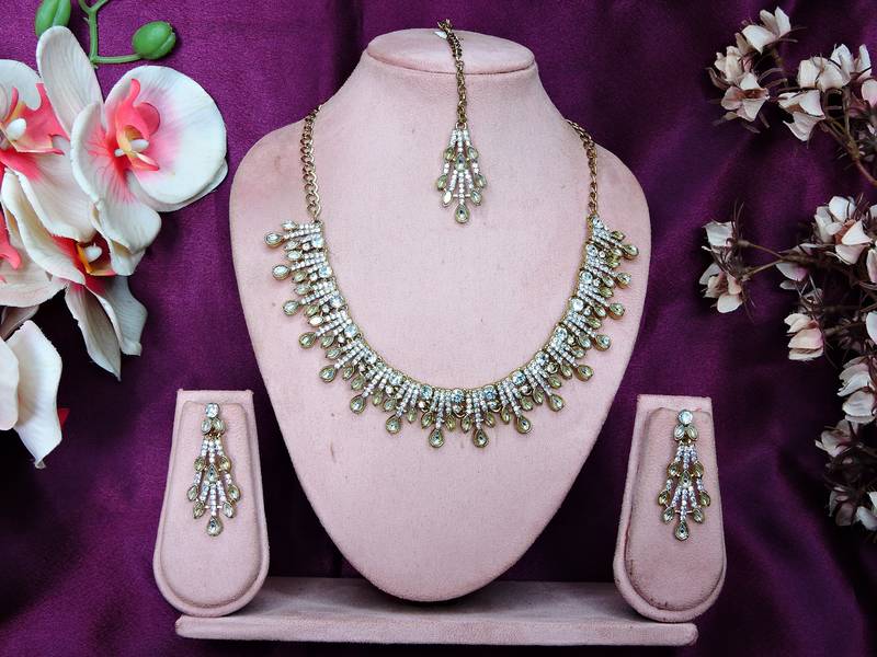White yellow gold premium designer american diamond and stone work necklace set