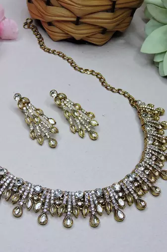 White yellow gold premium designer american diamond and stone work necklace set