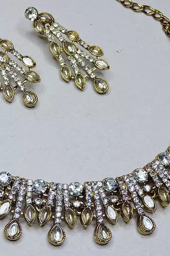White yellow gold premium designer american diamond and stone work necklace set
