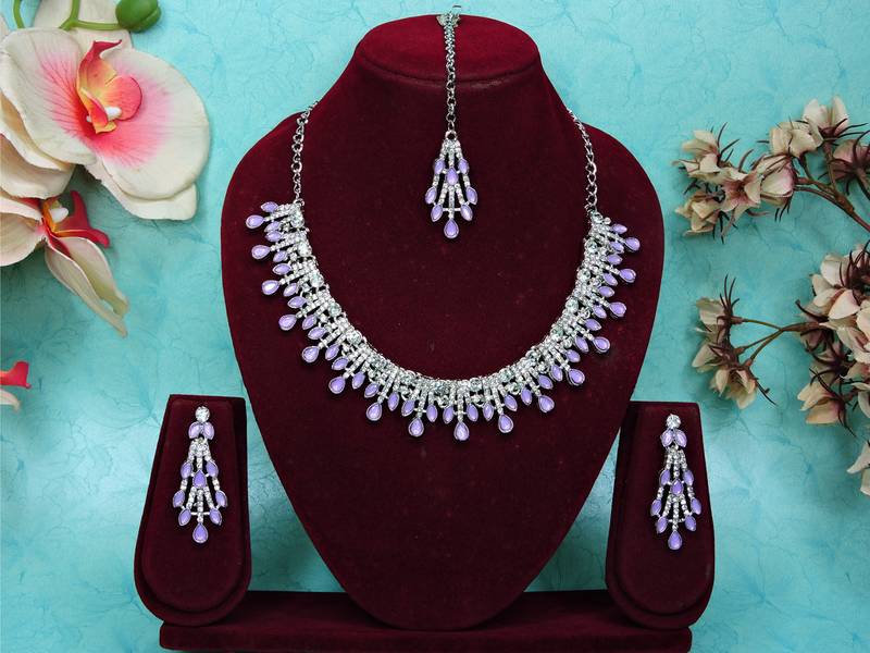 Purple rhodium premium designer american diamond and stone work necklace set