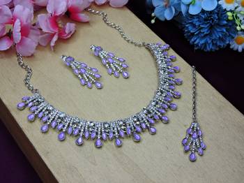 Purple rhodium premium designer american diamond and stone work necklace set 2