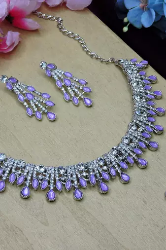 Purple rhodium premium designer american diamond and stone work necklace set