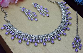 Purple rhodium premium designer american diamond and stone work necklace set 3