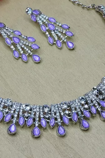 Purple rhodium premium designer american diamond and stone work necklace set