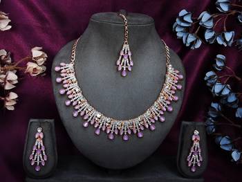 Purple rose gold premium designer american diamond and stone work necklace set 1