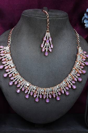 Purple rose gold premium designer american diamond and stone work necklace set