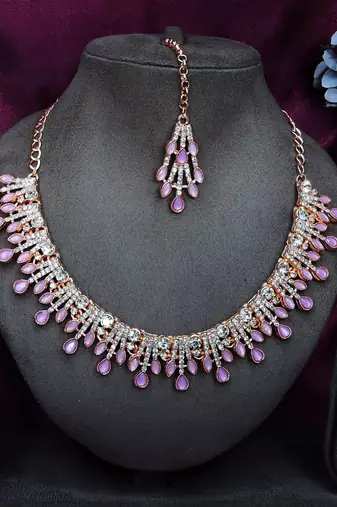 Purple rose gold premium designer american diamond and stone work necklace set