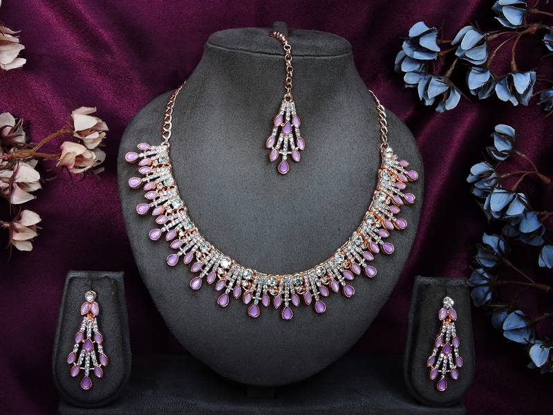 Purple rose gold premium designer american diamond and stone work necklace set