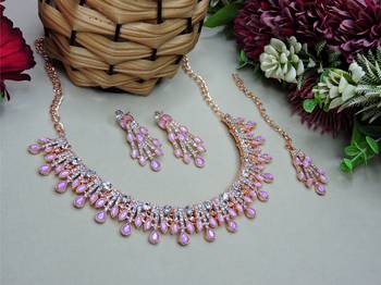Purple rose gold premium designer american diamond and stone work necklace set 2