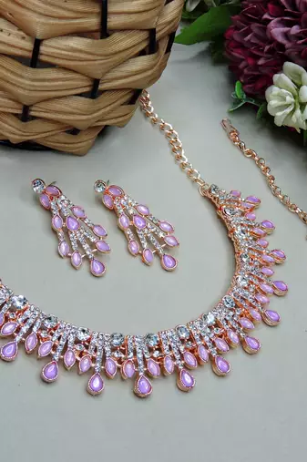 Purple rose gold premium designer american diamond and stone work necklace set