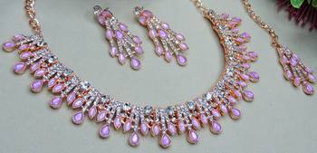 Purple rose gold premium designer american diamond and stone work necklace set 3
