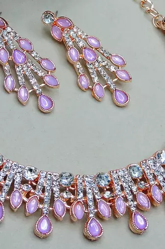 Purple rose gold premium designer american diamond and stone work necklace set