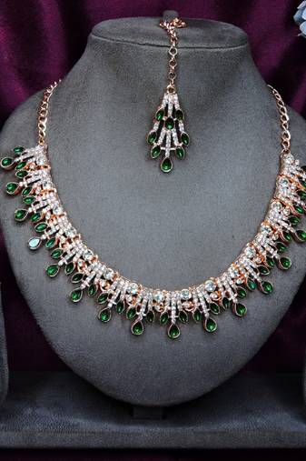 Green rose gold premium designer american diamond and stone work necklace set
