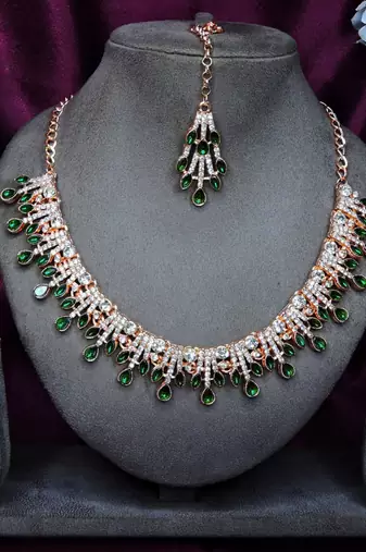 Green rose gold premium designer american diamond and stone work necklace set