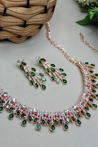 Green rose gold premium designer american diamond and stone work necklace set