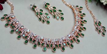 Green rose gold premium designer american diamond and stone work necklace set 3