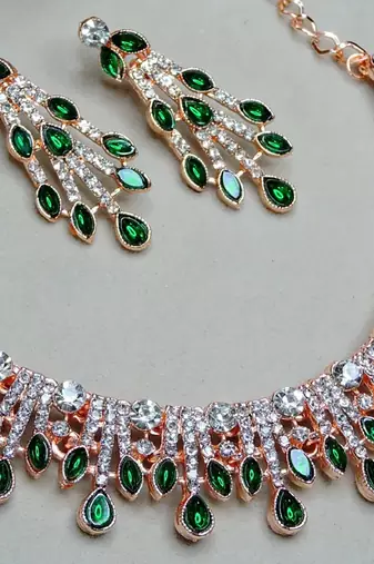 Green rose gold premium designer american diamond and stone work necklace set