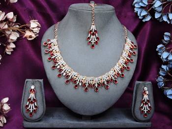 Maroon rose gold premium designer american diamond and stone work necklace set 1