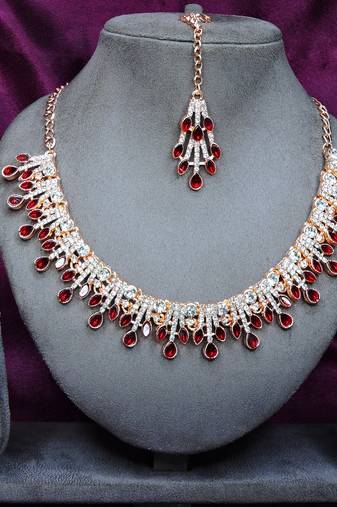 Maroon rose gold premium designer american diamond and stone work necklace set