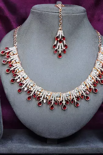 Maroon rose gold premium designer american diamond and stone work necklace set