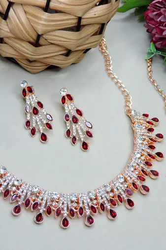 Maroon rose gold premium designer american diamond and stone work necklace set