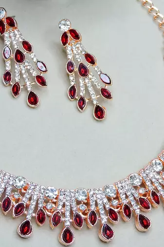 Maroon rose gold premium designer american diamond and stone work necklace set