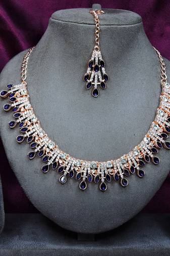 Blue rose gold premium designer american diamond and stone work necklace set