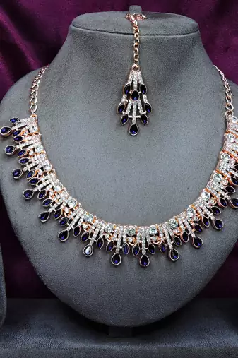 Blue rose gold premium designer american diamond and stone work necklace set