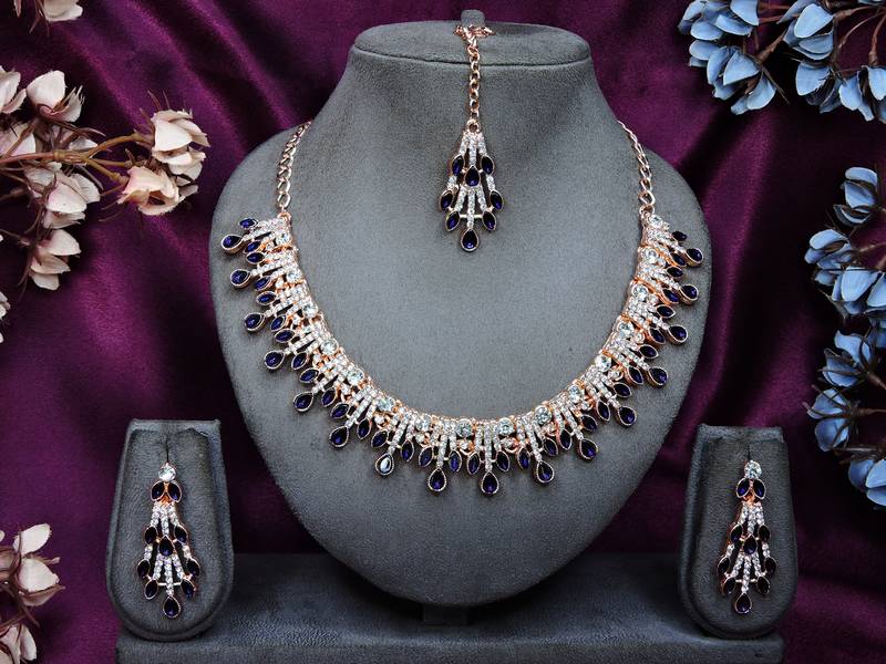 Blue rose gold premium designer american diamond and stone work necklace set