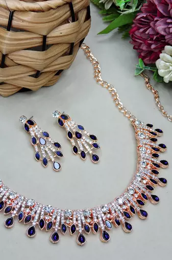 Blue rose gold premium designer american diamond and stone work necklace set