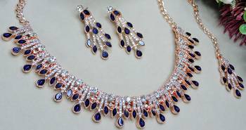 Blue rose gold premium designer american diamond and stone work necklace set 3