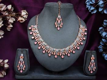 Pink rose gold premium designer american diamond and stone work necklace set 1