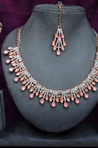 Pink rose gold premium designer american diamond and stone work necklace set