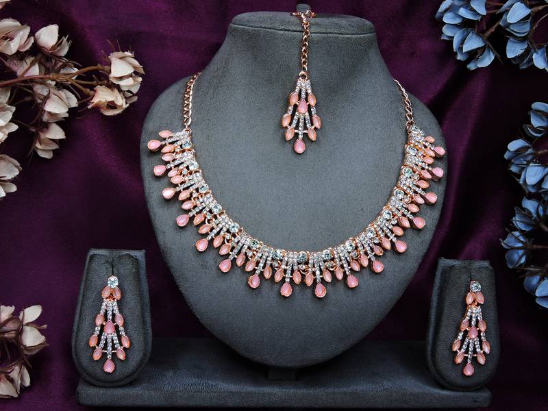 Pink rose gold premium designer american diamond and stone work necklace set
