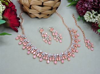 Pink rose gold premium designer american diamond and stone work necklace set 2